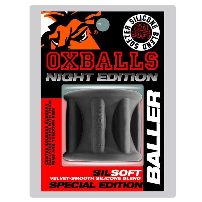 OxBalls Baller Night Edition retail packaging labelled SILSOFT silicone blend and BALLER