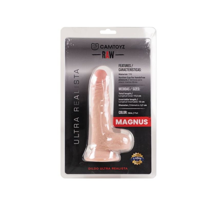 Light-tone RAW Magnus dildo in branded retail packaging showing TPE, suction base and product measurements