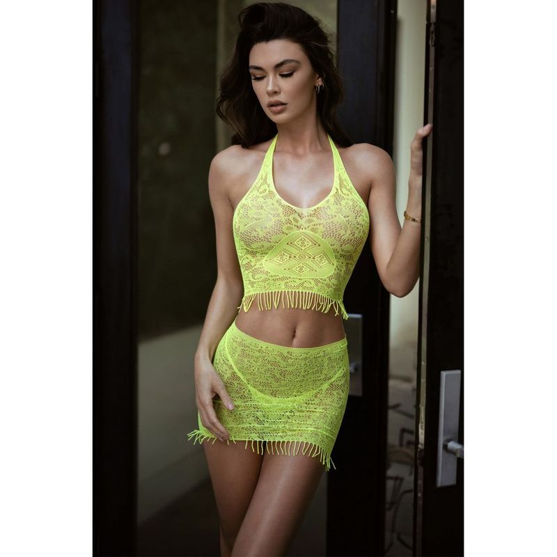 Killer Legs Eyelash Lace set in Neon Yellow, showing its floral lace and cropped halter top
