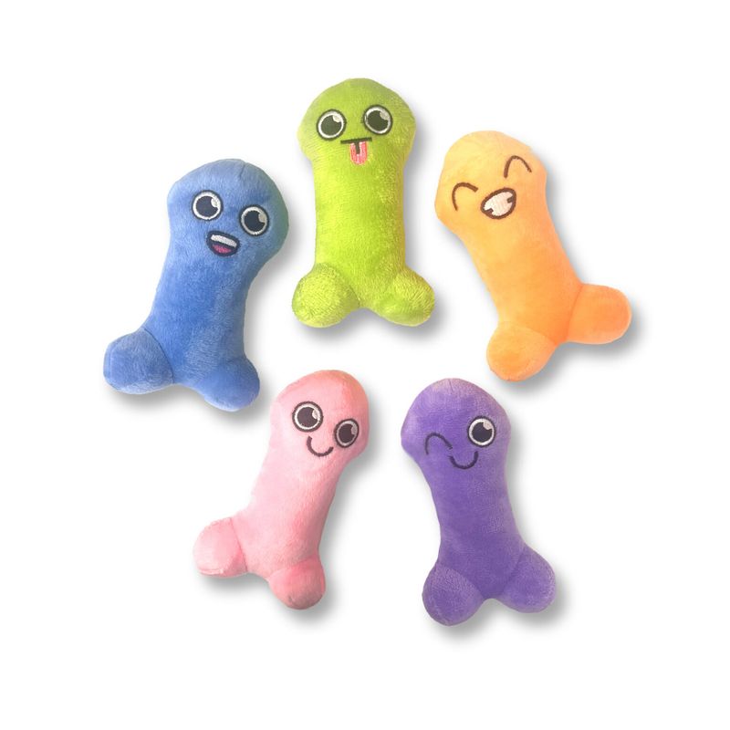 Five removable Little Genie penis-shaped plushies in bright colours with different playful facial expressions