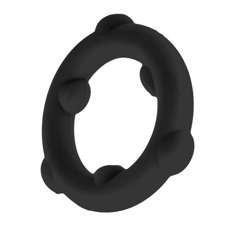 OxBalls Spinner black silicone cock ring, upright angled view showing rounded inner grip nubs