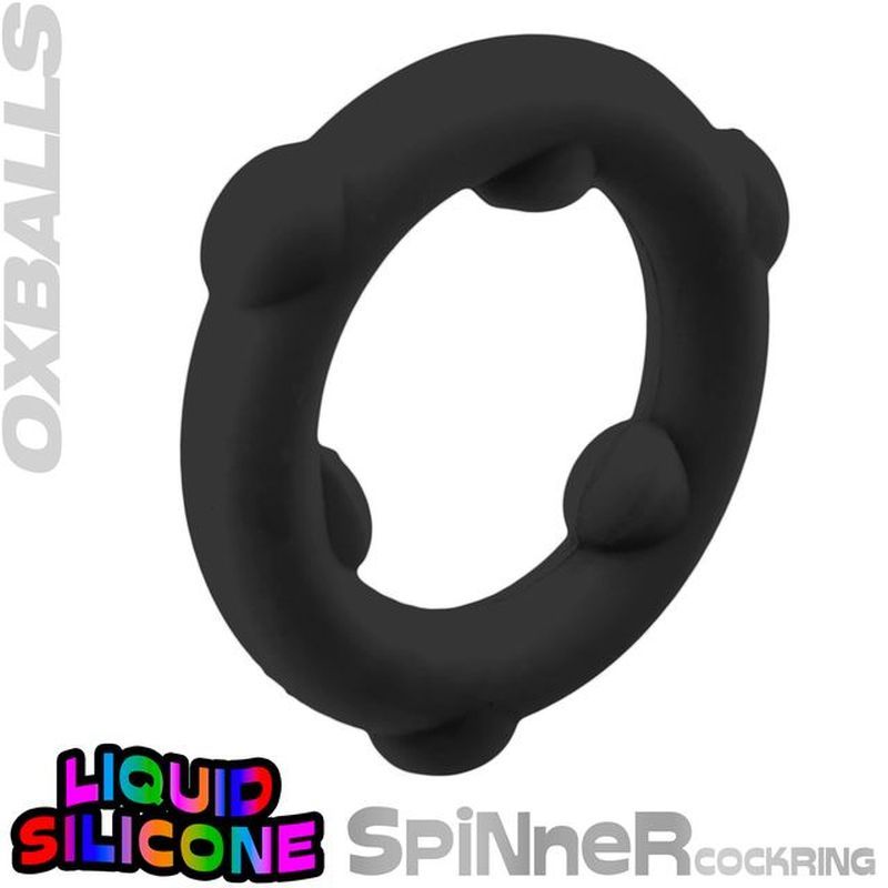 OxBalls Spinner black silicone cock ring with liquid silicone brand graphic