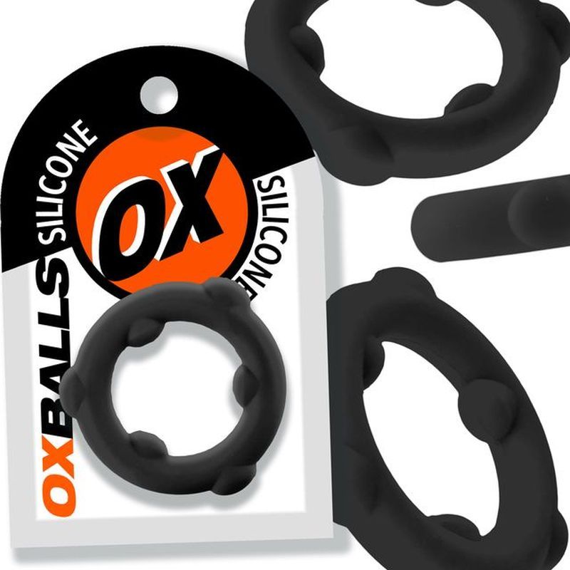 OxBalls Spinner black silicone cock ring, packaging and ring close-up collage
