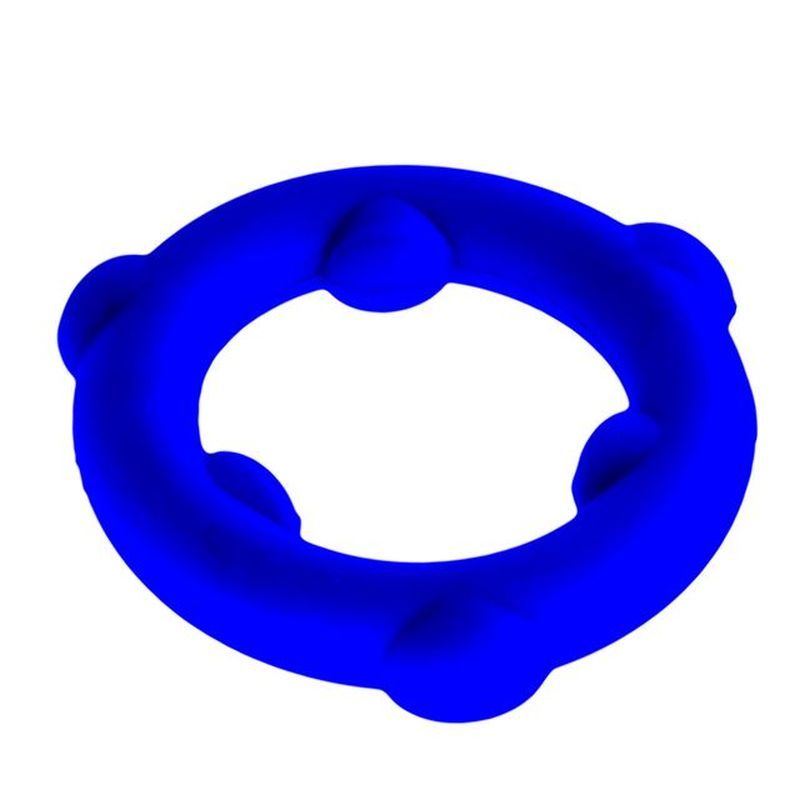 OxBalls Spinner blue silicone cock ring, angled view of the slim band and inner nubs