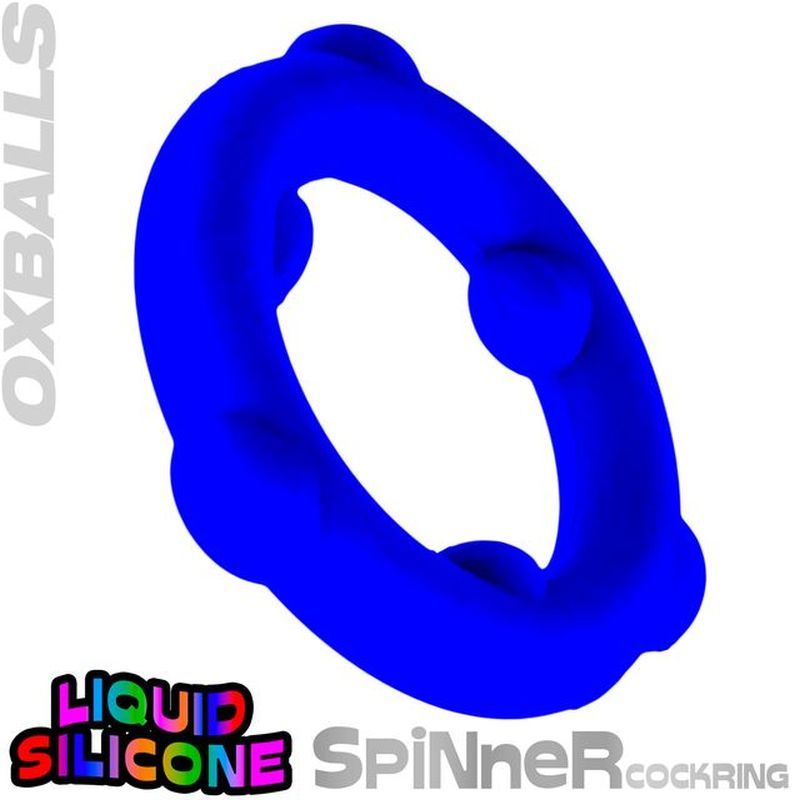 OxBalls Spinner blue silicone cock ring with liquid silicone brand graphic