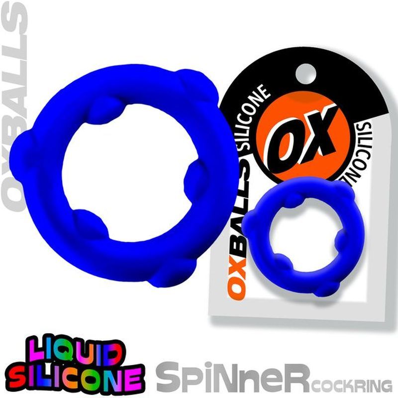OxBalls Spinner blue silicone cock ring beside a retail packaging example