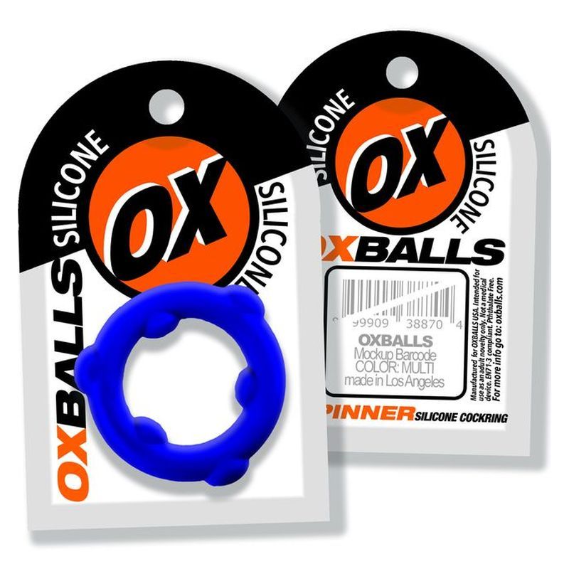 OxBalls Spinner blue silicone cock ring with front and back packaging illustrations