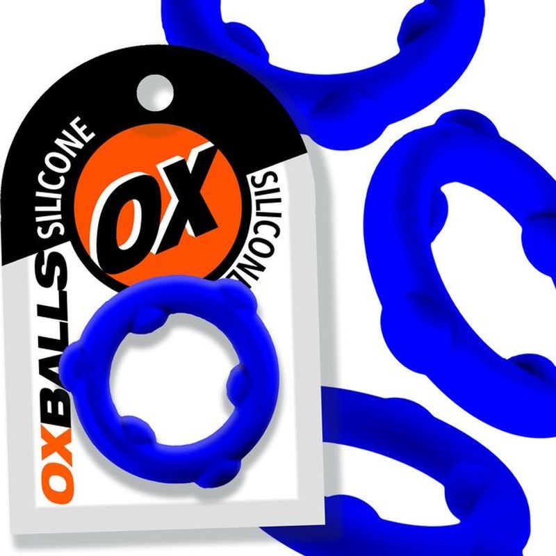 OxBalls Spinner blue silicone cock ring, packaging and ring close-up collage