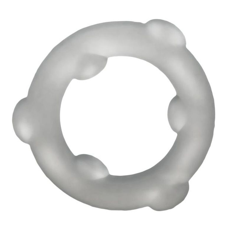 OxBalls Spinner translucent clear silicone cock ring, upright view showing rounded inner grip nubs