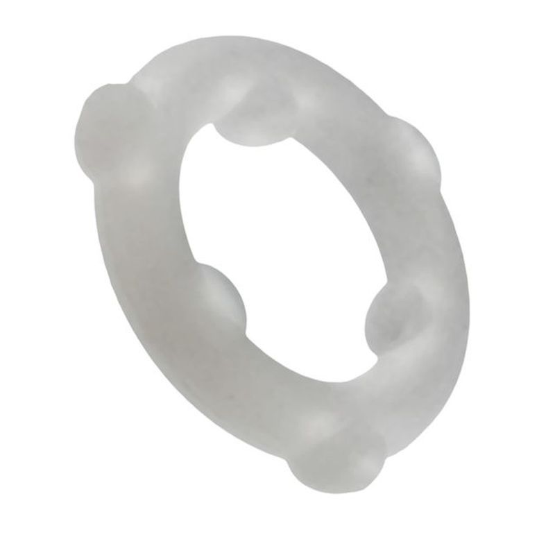 OxBalls Spinner translucent clear silicone cock ring, angled view of the slim band and inner nubs