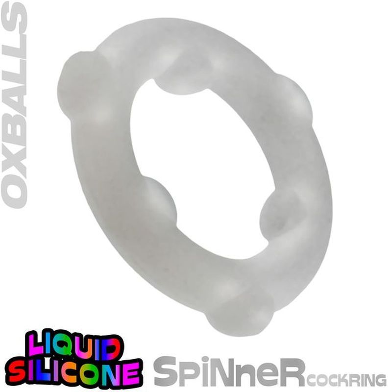 OxBalls Spinner translucent clear silicone cock ring with liquid silicone brand graphic