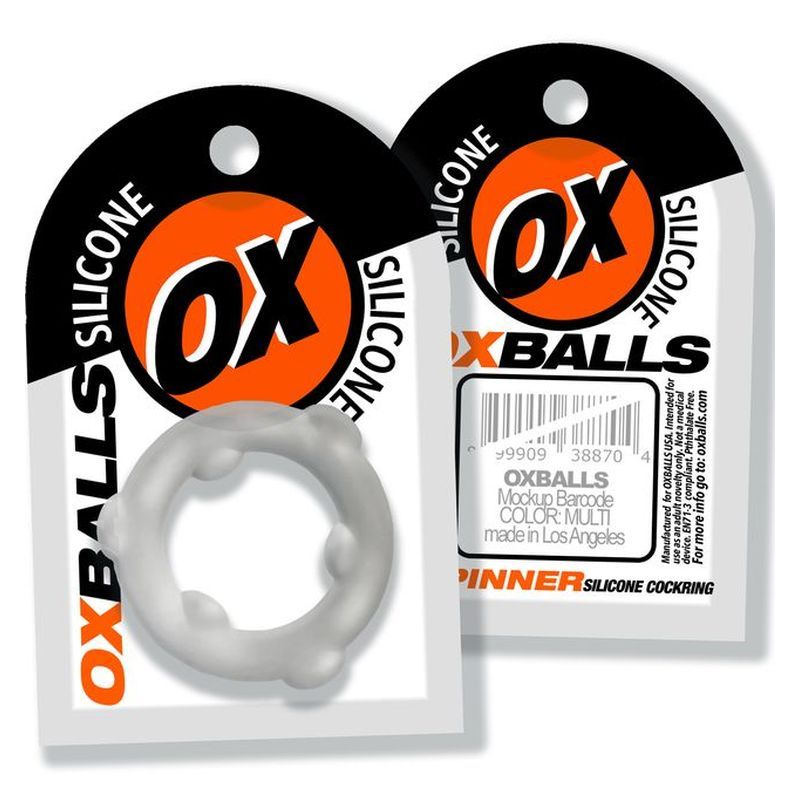 OxBalls Spinner translucent clear silicone cock ring with front and back packaging illustrations