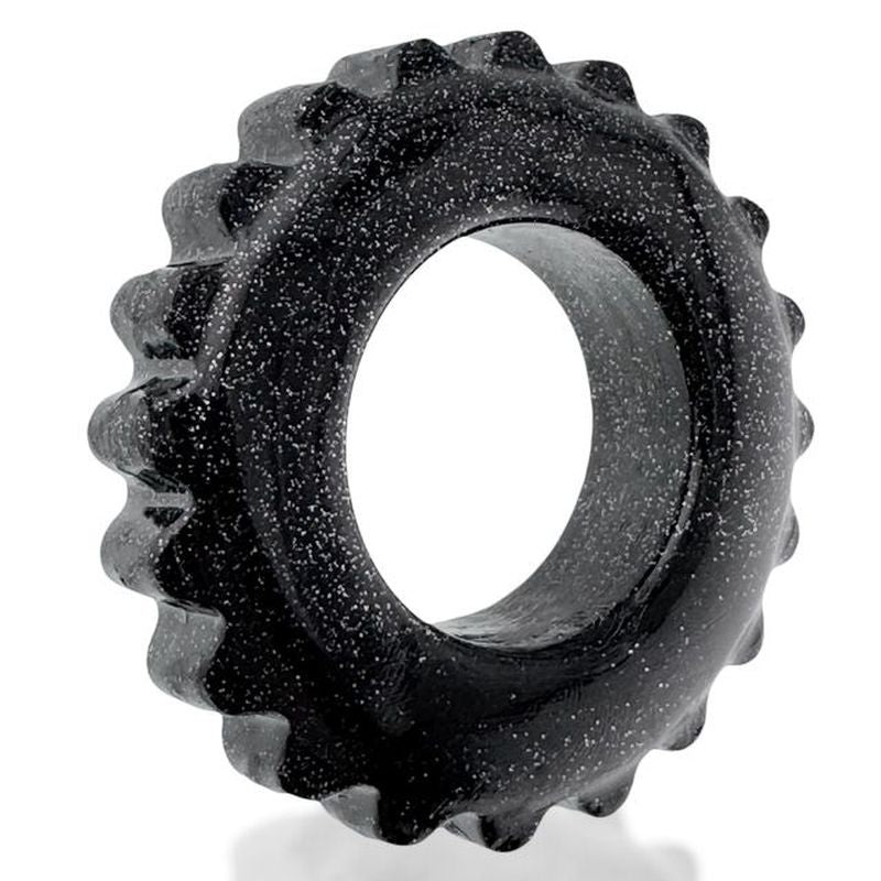 Black OxBalls Plushy cock ring with glittery finish and scalloped outer edge