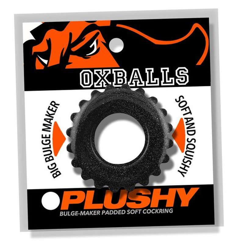 Black OxBalls Plushy padded cock ring in retail packaging