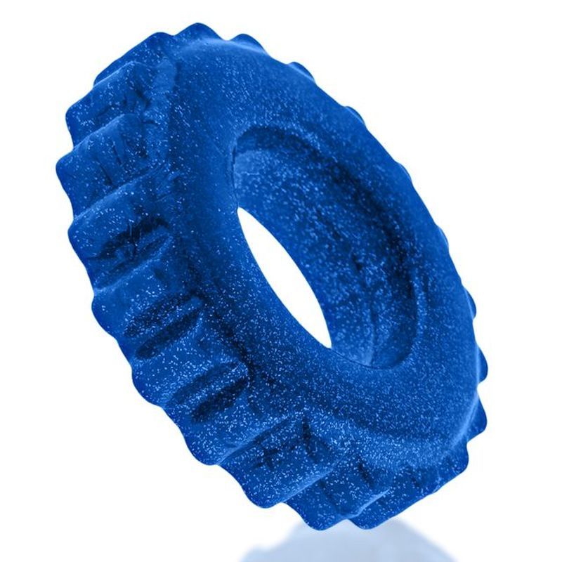 Angled side view of the Blue OxBalls Plushy cock ring