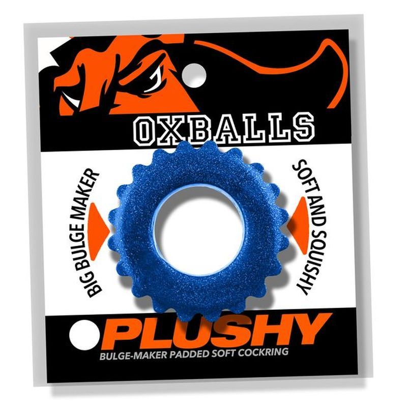 Blue OxBalls Plushy padded cock ring in retail packaging
