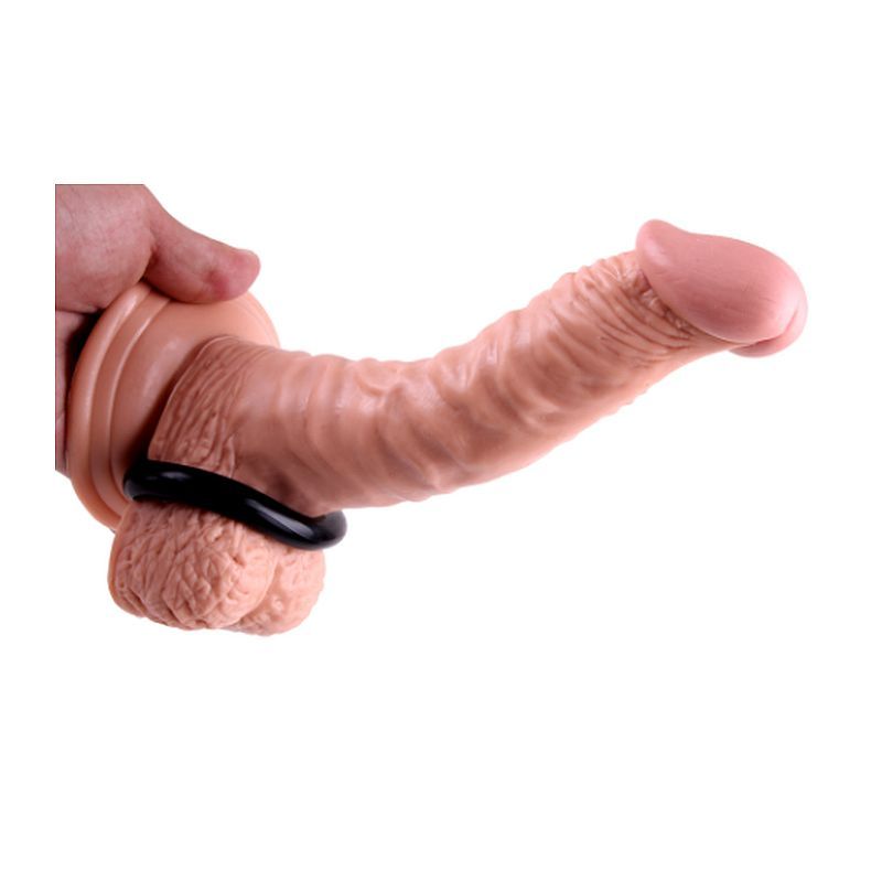 Black GK Power Mega Donut cock ring fitted around an anatomical demonstration model; model not included