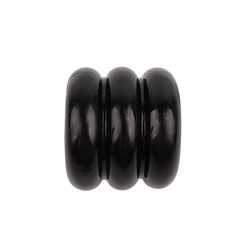 Side view of the black GK Power Triad Cock Ring showing the three joined bands and shallow grooves
