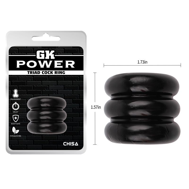 GK Power Triad Cock Ring retail packaging beside a diagram showing approximately 4cm overall length and 4.4cm outside diameter