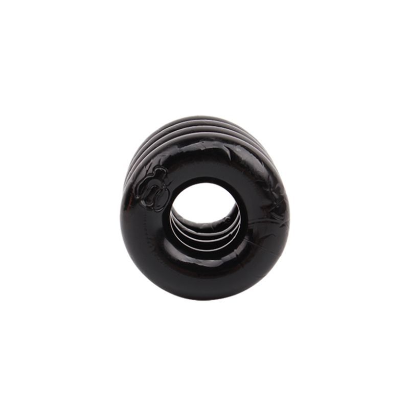 End view through the central opening of the black GK Power Quadplay Four Band Cock Ring