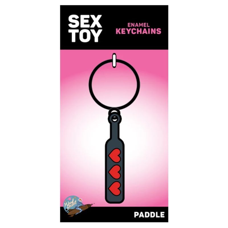 Hearts Paddle keychain on Wood Rocket pink and black retail display card