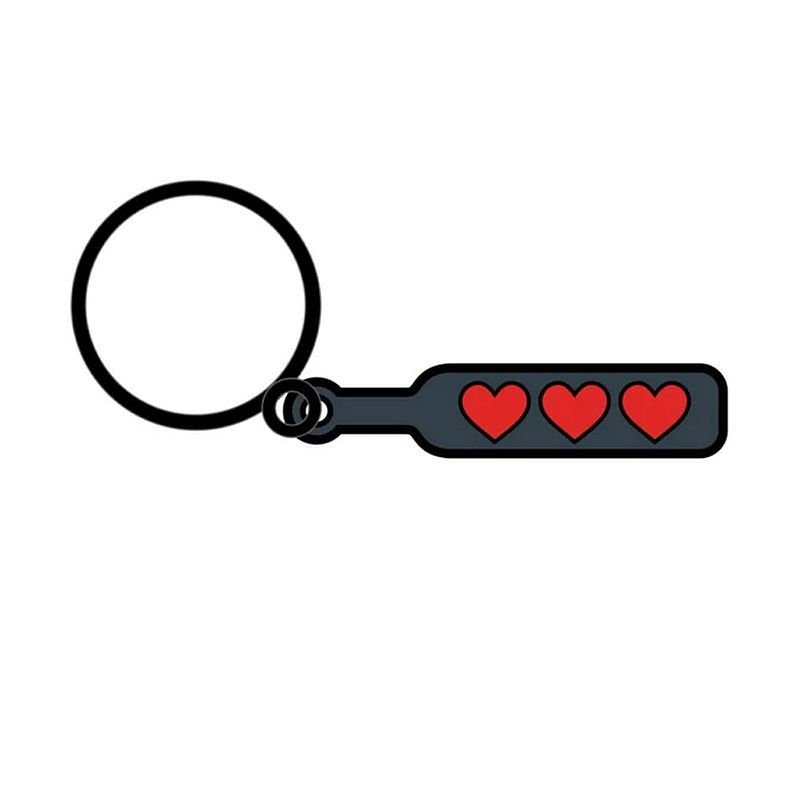Wood Rocket Hearts Paddle enamel keychain with black paddle, three red hearts and attached ring