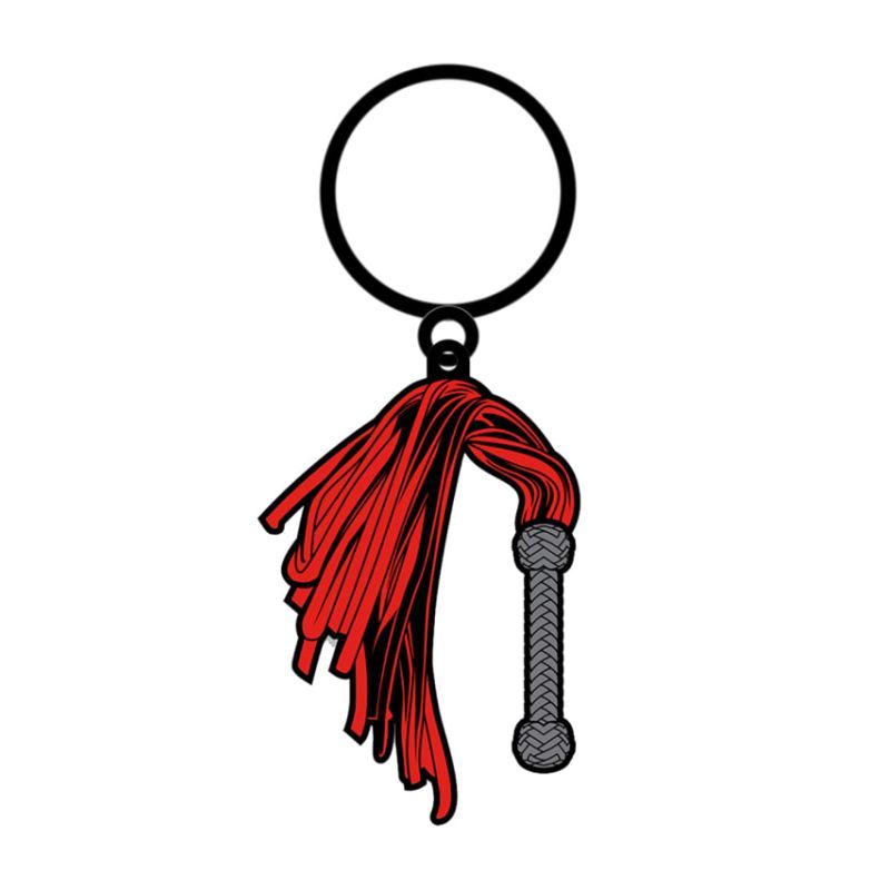 Wood Rocket flogger enamel keychain with red tails, grey patterned handle and round key ring