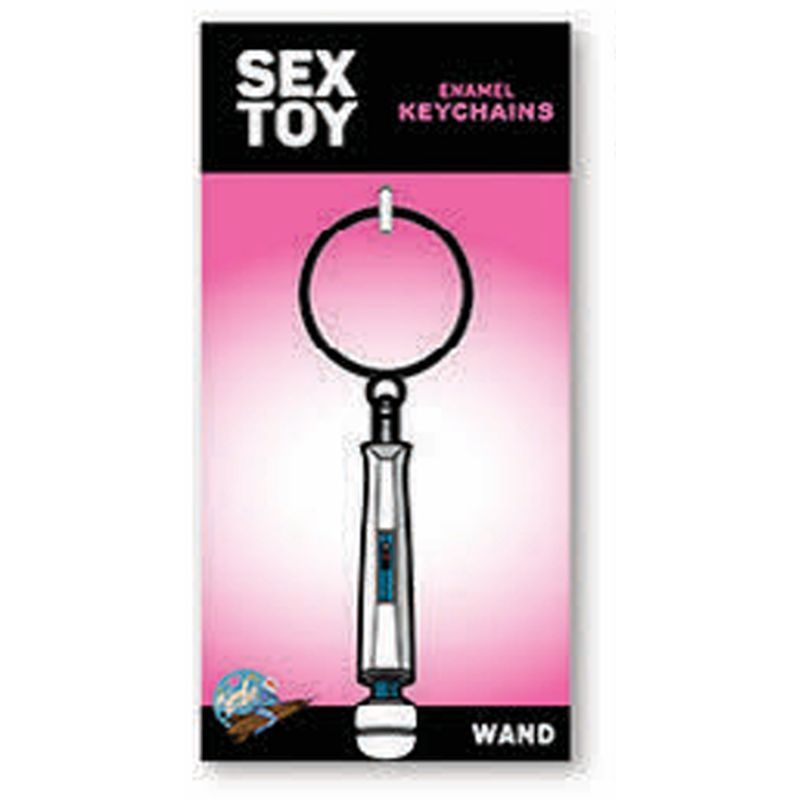 Wood Rocket wand enamel keychain with white wand-shaped charm, blue details and round key ring on its retail card
