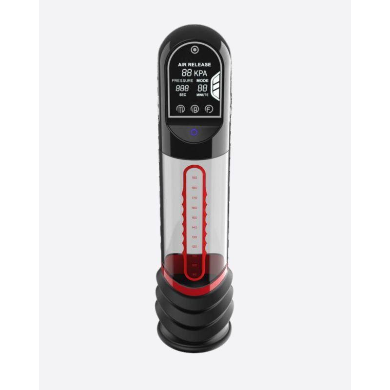 Peak Performa ISP90 Curve automatic penis pump in Red, front view with LCD screen and soft donut sleeve