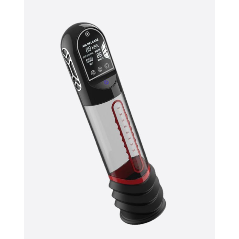 Red ISP90 Curve automatic penis pump, tilted front view showing the LCD control panel and transparent chamber