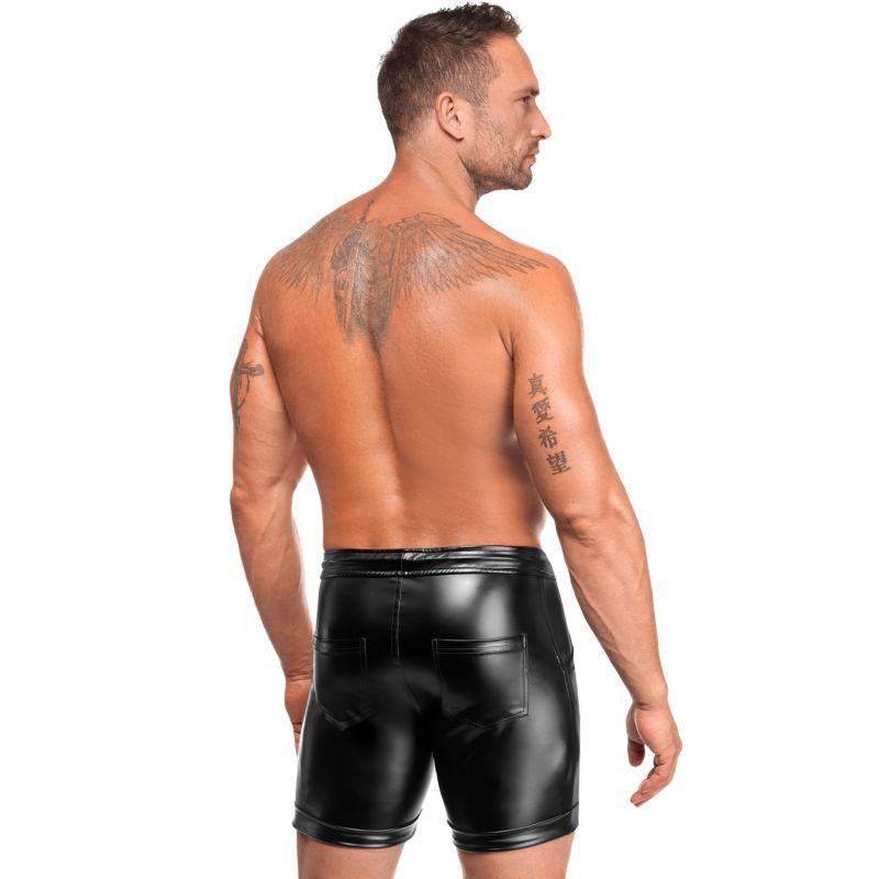 Noir Handmade H088 Rogue black wetlook shorts, model rear three-quarter view