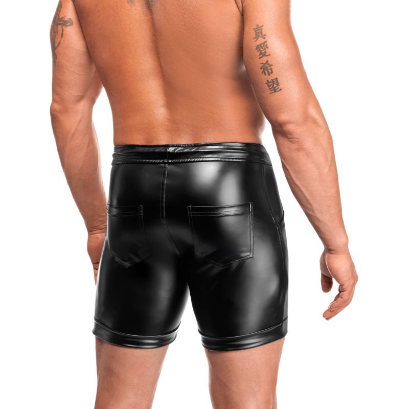 Noir Handmade H088 Rogue black wetlook shorts, model rear view showing two back pockets