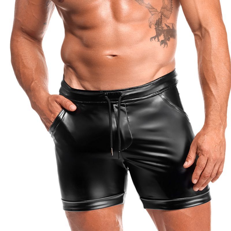 Noir Handmade H088 Rogue black wetlook shorts, model front view showing drawstring waist and folded hems