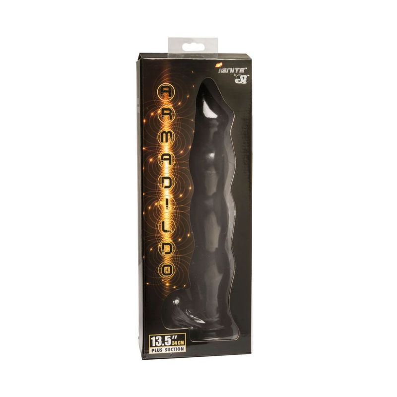 Giant Armadildo in its black Ignite retail box, with the contoured dildo visible through the window