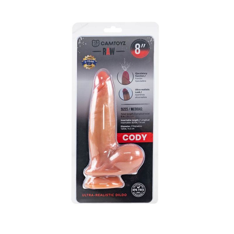 Front of RAW Cody retail pack showing squirting function and product measurements