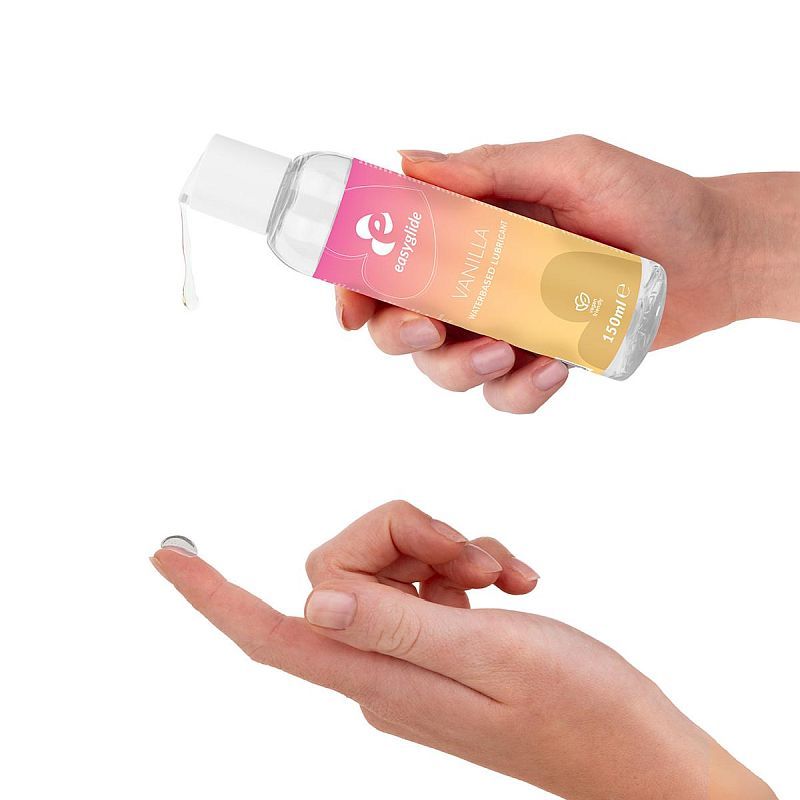 EasyGlide Vanilla lubricant being dispensed from the 150ml bottle onto a fingertip