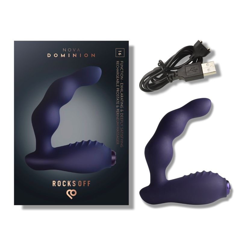 Purple Nova Dominion prostate vibrator with its retail box and magnetic USB cable