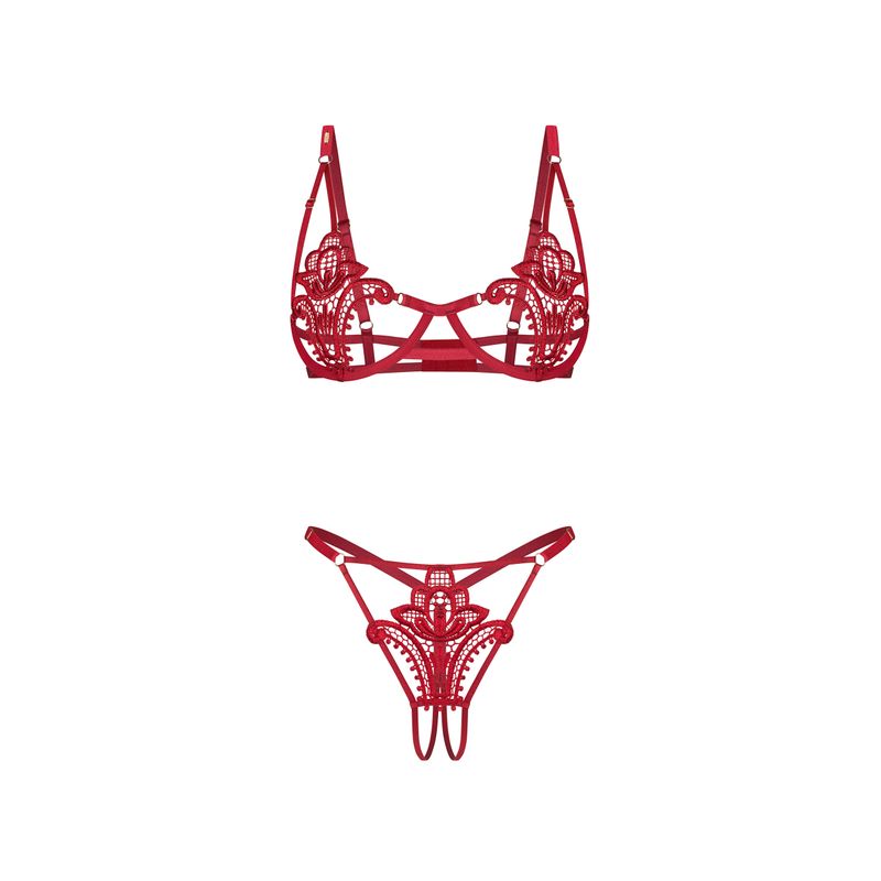 Luise Sublim red bra and open-crotch thong laid flat to show lace and strappy construction