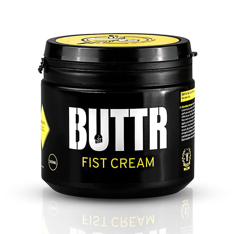 Closed BUTTR Fist Cream 500ml black tub with yellow lid and white lettering