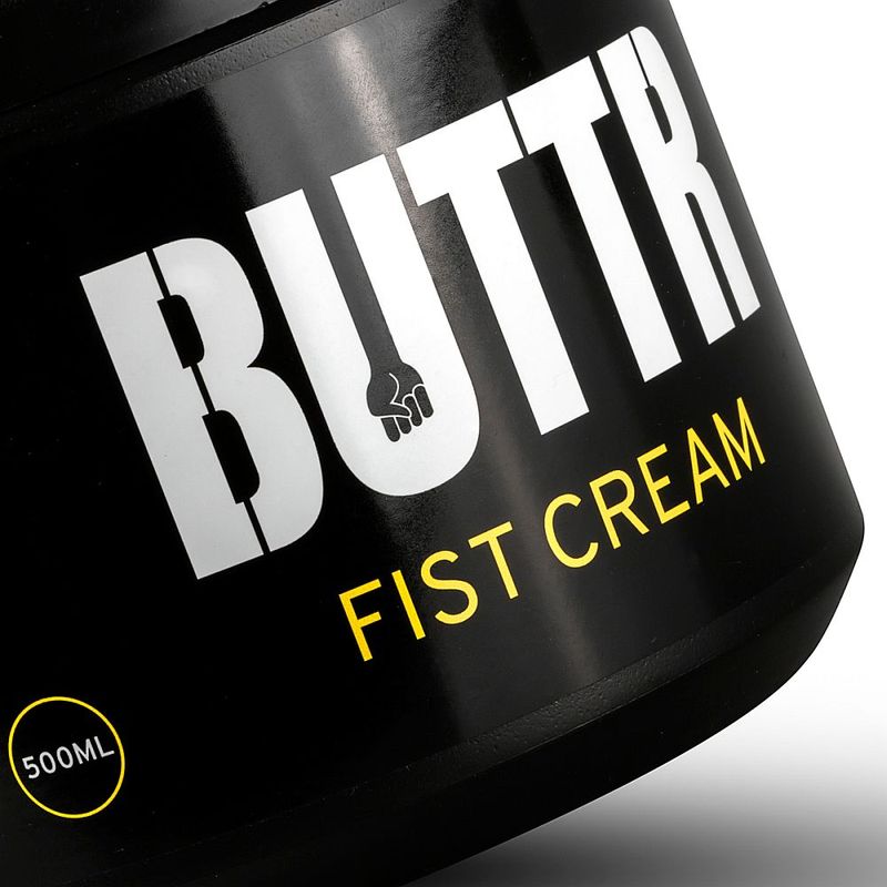 Close detail of BUTTR Fist Cream label and 500ml marking