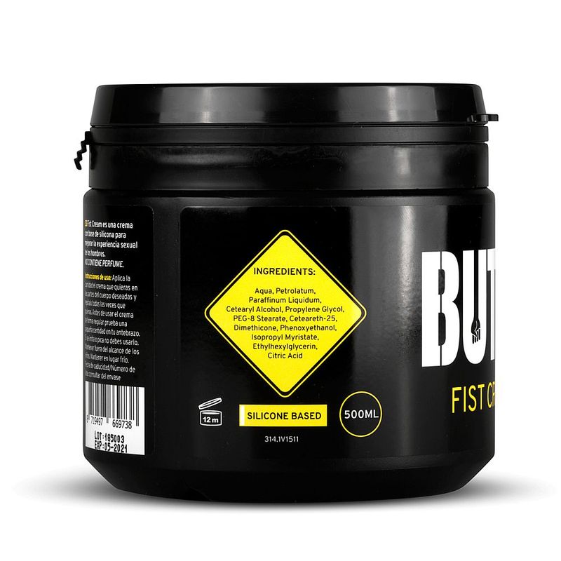 Rear BUTTR Fist Cream label showing full ingredients, silicone-based designation and 500ml volume