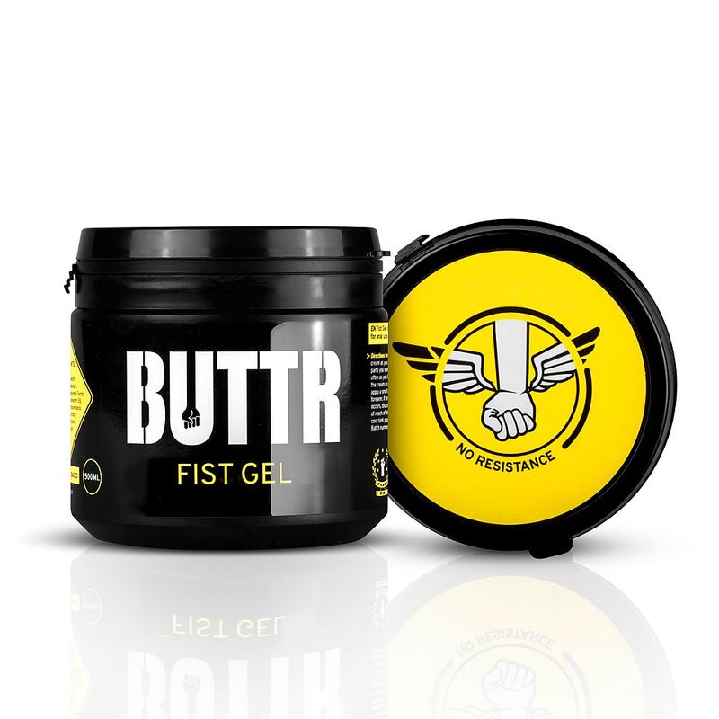 BUTTR water-based fisting gel 500ml pot with its lid alongside
