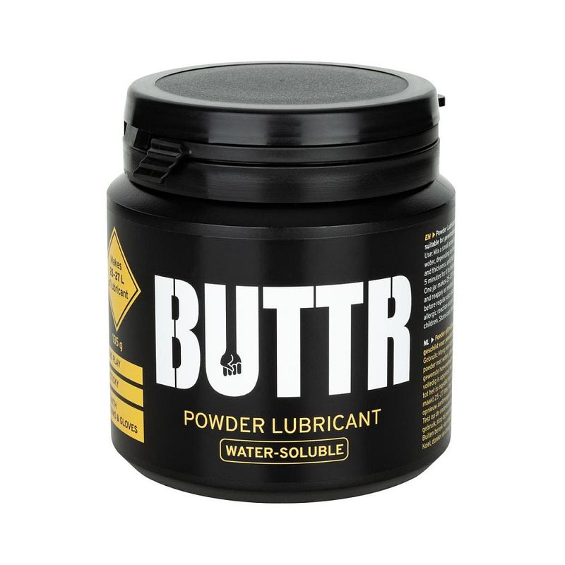 BUTTR Powder Lube 135g black tub with flip-top lid and white and yellow water-soluble lubricant label