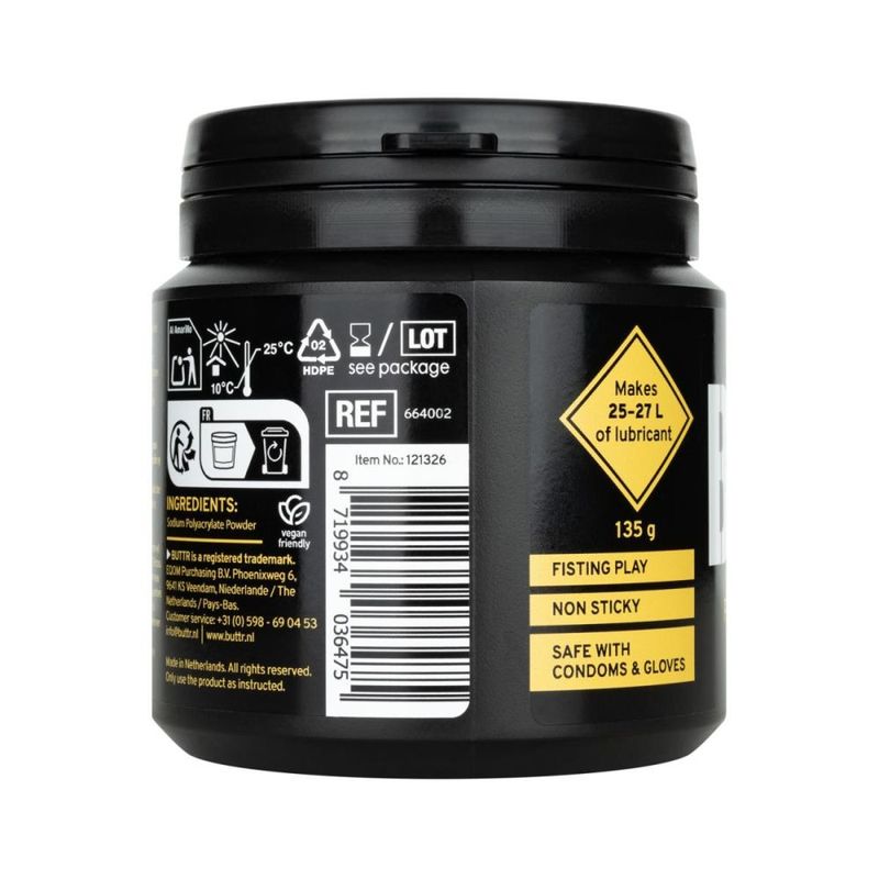 Rear label of BUTTR Powder Lube 135g showing the sodium polyacrylate ingredient, vegan-friendly symbol and 25–27 litre yield