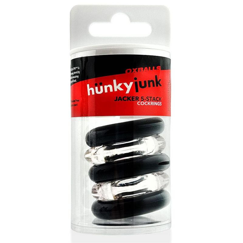 Hunkyjunk Jacker Stack Clear/Black five-ring set, five rings inside the labelled reusable storage tube