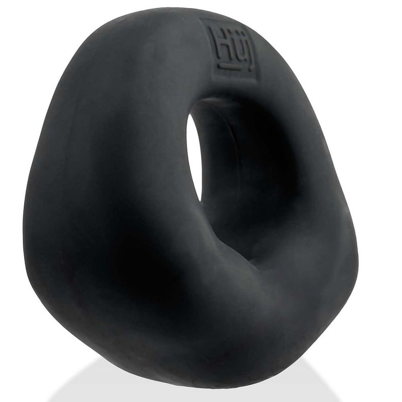 Black Hunkyjunk Fit Bulge cock ring, angled view of the extra-thick padded base