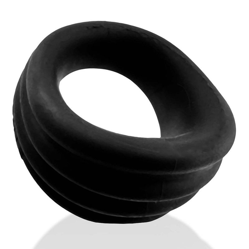 Angled side view of the Black Expander cock ring with raised outer ribs