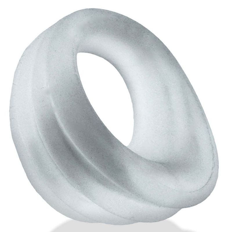 Clear Hunkyjunk Expander Slim Scoop cock ring, angled view of the curved scoop
