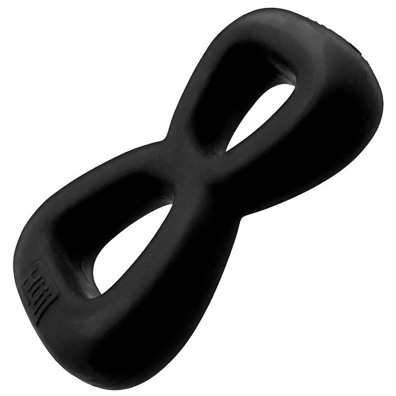 Angled view of the connected Black Hunkyjunk Boomerang double cock ring