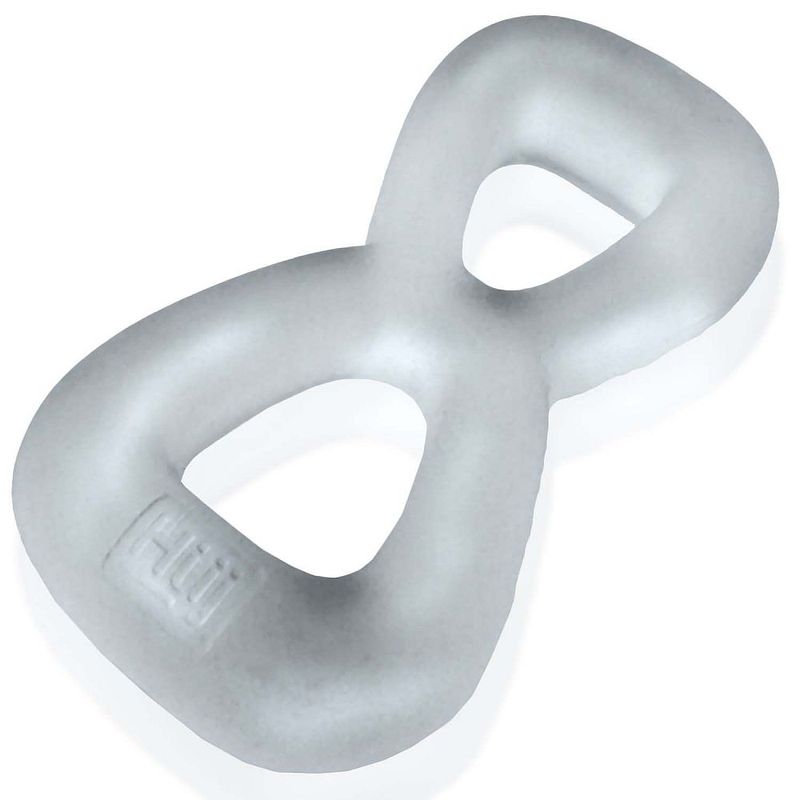 Angled view of the connected Clear Hunkyjunk Boomerang double cock ring